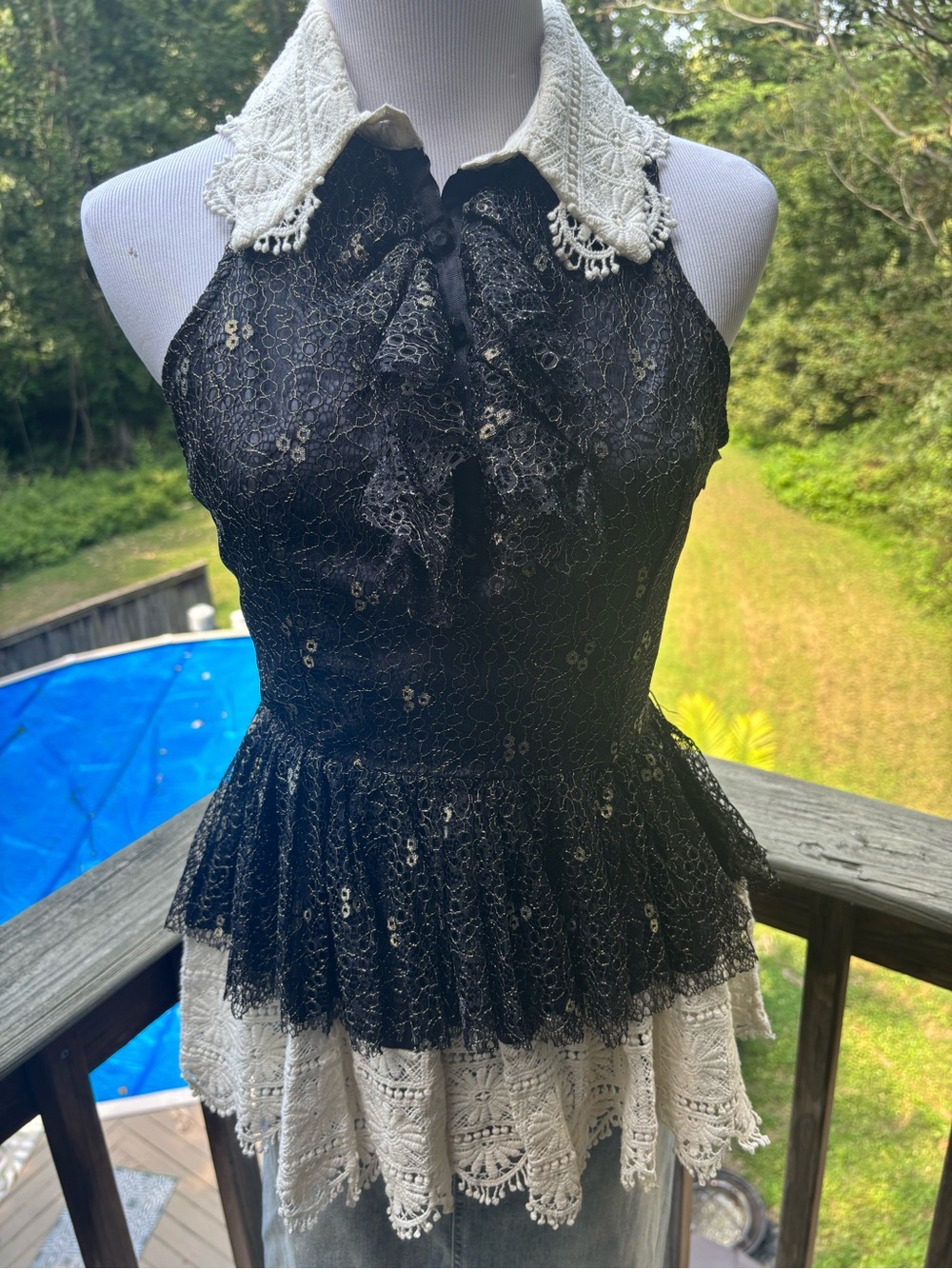 Twelve by Twelve Black Lace Halter Top with Ivory Crochet Collar